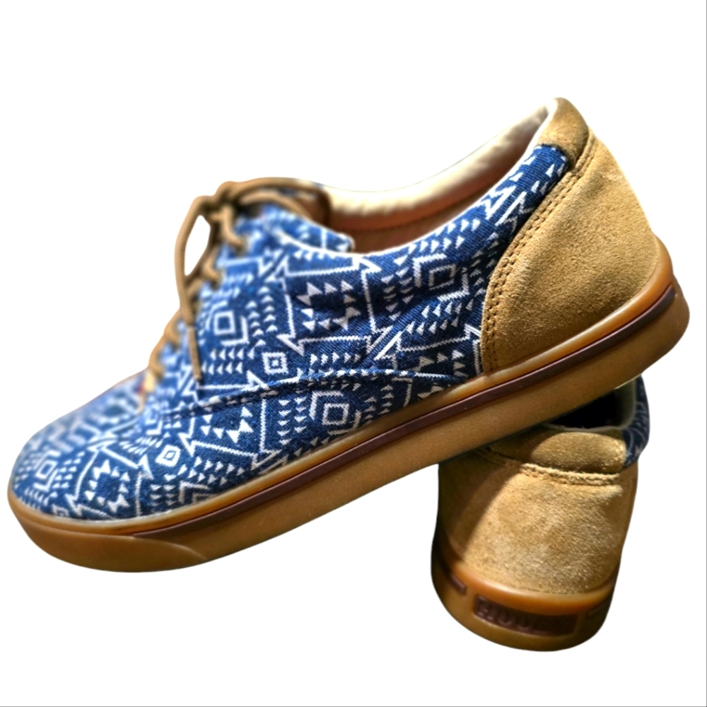 Men's Blue Patterned Canvas Casual Sneakers with Tan Suede Trim